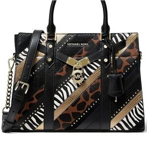 Michael Kors Nouveau Hamilton Large Leather Satchel Black Multi/Gold